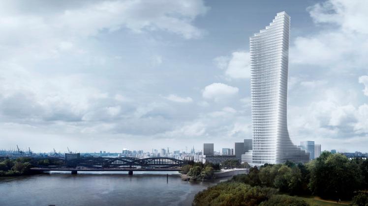 Hamburgs neuer Wolkenkratzer: Der Entwurf des Londoner Stararchitekten David Chipperfield zeigt einen glas-betonten, schlanken Turm mit konkaven Fassadenlinien samt fünfgeschossiger Mantelbebauung.