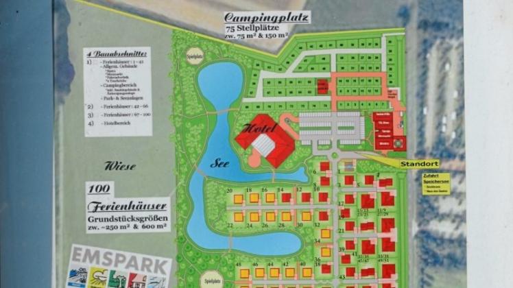 Von den Plänen des Vermarkters ist beim Projekt Emspark Auenwald am Speichersee in Geeste nicht alles verwirklicht worden. Weder das Hotel noch der Campingplatz sind entstanden, die auf dem Werbeplakat am Eingang des Gebiets eingezeichnet zu sehen sind. 