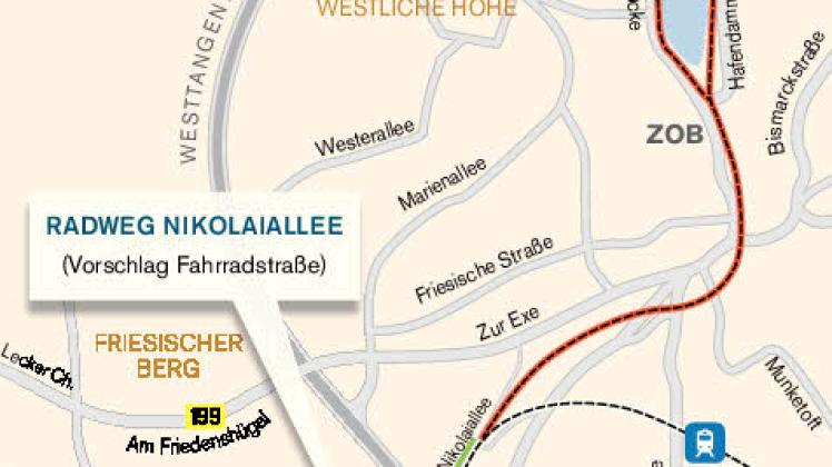 Sechs Kilometer vom Südende der Nikolaiallee bis zur Werftstraße im Norden. Eine Potenzialanalyse ergab 7900 Fahrten pro Tag.
