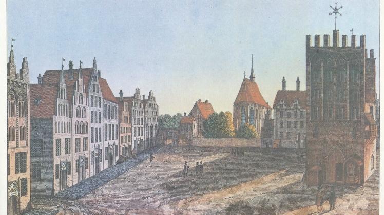 Der Hopfenmarkt im Jahr 1585, rechts das Lectorium, Rekonstruktion aus dem 19. Jahrhundert   Grafik: „Mecklenburg in Bildern“ von Georg Christian Friedrich Lisch, 1844 