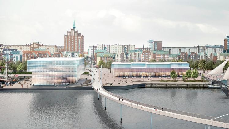 Vision für Rostocks Entwicklung durch die Buga 2025: Markthalle und Museum könnten den Stadthafen prägen. Mit einer Brücke soll dieser mit Gehlsdorf verbunden werden. Auf der gegenüberliegenden Seite sollen ein Stadtstrand (Fährhufe),  der Hechtgraben als  grüner Ort der Entschleunigung, ein Stadtpark unterhalb von Dierkow-West und das Warnow-Quartier, wo jetzt Veolia ist, entstehen.