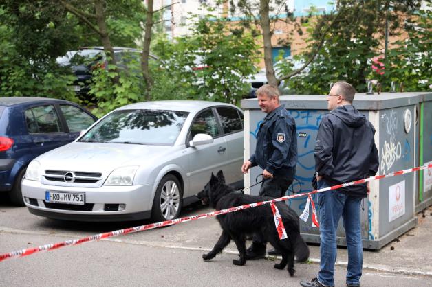Neuerliche Absuche des Tatortes in Rostock nach Schussabgabe von Polizistin auf Messerangreifer - mit Metalldetektoren wird nach dem Projektil gesucht