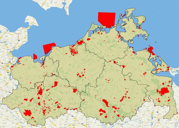 Die Karte von Mecklenburg-Vorpommern zeigt die im Land mit Munition verunreinigten Flächen. Die Karte von Mecklenburg-Vorpommern zeigt die im Land mit Munition verunreinigten Flächen.