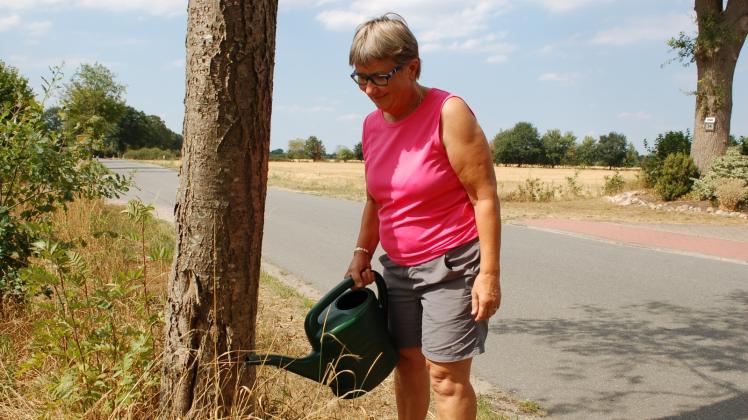  Die Boostedterin Angelika Pohl wässert die Bäume am Straßenrand vor ihrem Haus am Stückenredder.
