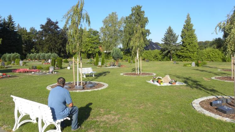 Bänke laden zum Innehalten ein: Hier am naturnahen Baumbestattungsfeld auf dem Brüeler Friedhof. 