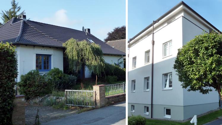 So sieht das Grundstück Heinrich-Schuldt-Straße 1 heute aus (links) – dort soll ein vierstöckiges Wohngebäude, ähnlich dem benachbarten Mehrfamilienhaus (rechts), entstehen.