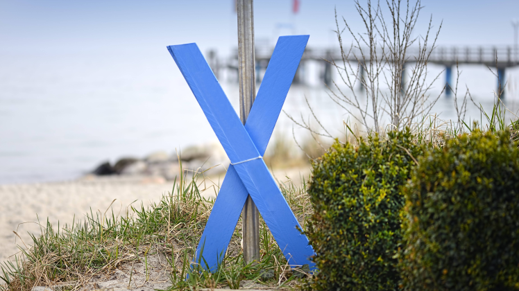 Auf Fehmarn häufig anzutreffen: Das blaue Kreuz als Zeichen des Widerstandes gegen die Fehmarnbelt-Querung.