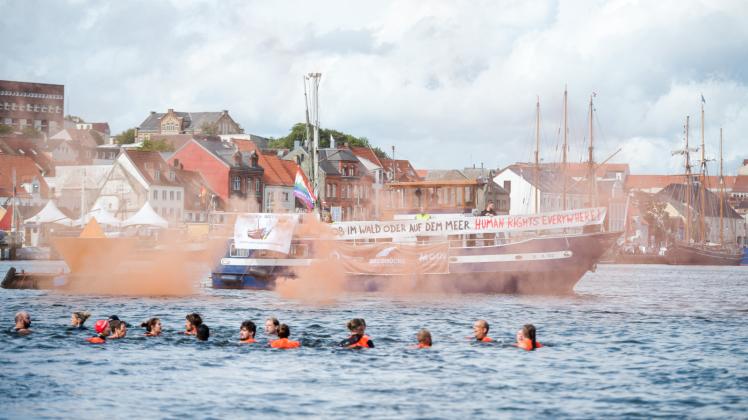 30 Aktionsteilnehmer wagten den Sprung ins Flensburger Hafenbecken. 
