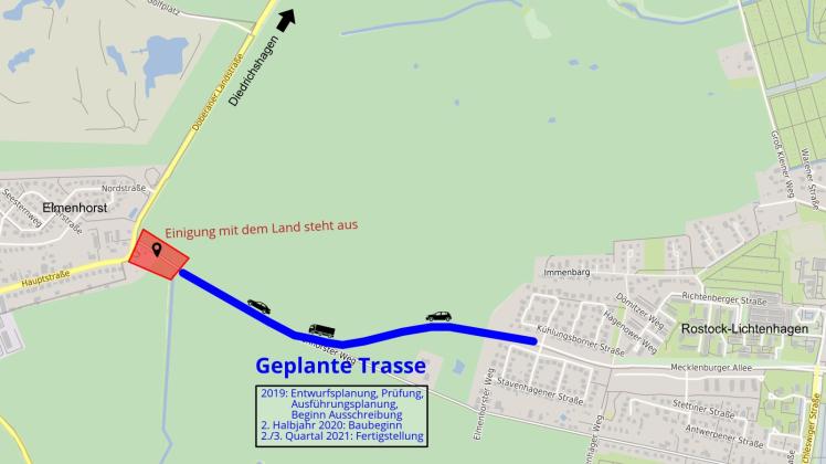 Die geplante Trasse könnte die Anwohner des Elmenhorster Wegs verkehrstechnisch entlasten.  Grafik: Stepmap, 123map, OpenStreetMap, ODbL 1.0  