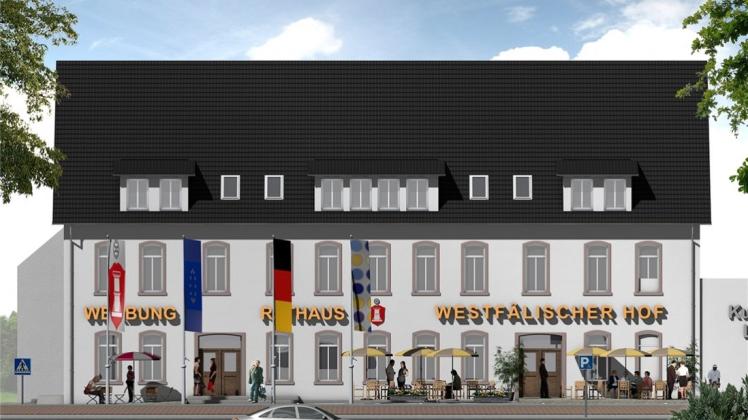 So könnte der neue Westfälische Hof aussehen, hier noch eine Grafik mit der Aufschrift „Rathaus.Grafik: Christiane Mußmann
