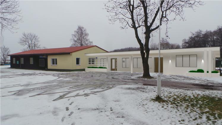 Bisher nur eine Projektzeichnung (rechts im Bild), aber in diesem Jahr soll das Projekt neues Vereinshaus des Krakower Rudersportvereins entscheidend voran kommen. 