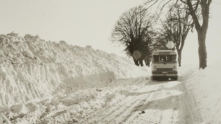 Dieser Ikarus-Bus wagt sich vor Leezen über die verschneite, aber geräumte Straße.