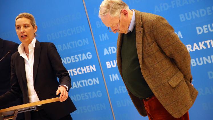 Alexander Gauland und Alice Weidel, Fraktionsvorsitzende der AfD, geben bei der Fraktionssitzung ihrer Partei im Reichstagsgebäude ein Statement ab. 
