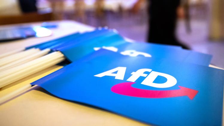 Fähnchen mit dem Logo der AfD liegen beim Landesparteitag der Partei auf einem Tisch.