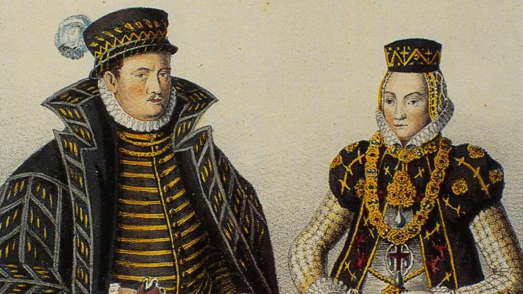 Johann Albrecht I., Herzog von Mecklenburg (1525 bis 1576) und seine Gemahlin Anna Sophia (1527 bis 1591). Kopie nach einem um 1560 entstandenen Originalgemälde, Lithografie aus der Tiedemann’schen Anstalt.