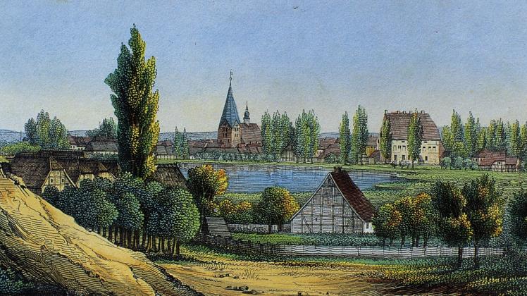 Bützow: Der große Bau rechts war das einstige Bischofsschloss. Repro: Lithografie aus der Tiedemann’schen Anstalt 