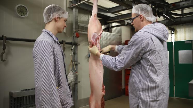 Hat sich für eine Ausbildung zum Schlachter entschieden: der 17-jährige Leon Marcel Schröder. Fleischermeister Marcel Langpapp zeigt dem Azubi, wie ein Schwein fachgerecht zerlegt wird. 