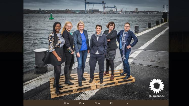 Frauentag bei den Grünen in SH. Mit einem Foto antworten die sechs Politikerinnen auf eine Aktion des Hamburger Immobilienunternehmens.