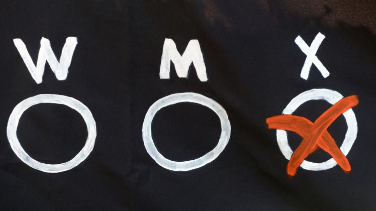 Drei Möglichkeiten für einen Geschlechtseintrag - „W“, „M“ und „X“ - zeigt ein Banner der „dritten Option“. 