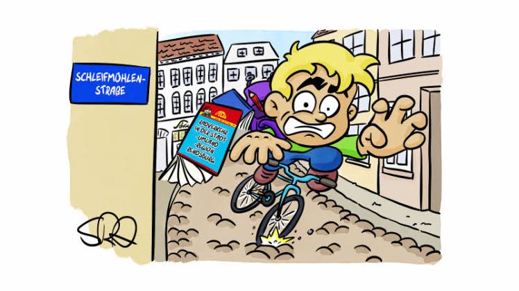 Kinder sollten auf dem Kopfsteinpflaster der Schleifmühlenstraße nicht zu schnell fahrradfahren. Sie könnten stürzen.