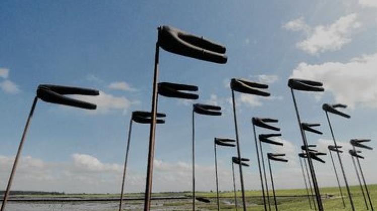 Anlässlich der "Wind-Art 2007" flatterten Julia Bornefelds "Windhosen" erstmals am Dockkoog. Foto: Volkert Bandixen