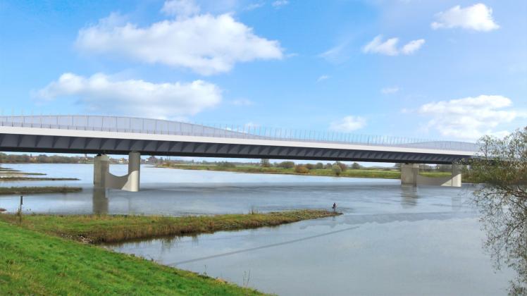 So sieht die Autobahnbrücke über die Elbe im Modell aus. Wann sie gebaut wird, ist noch offen.  Zeichnung: Bürogemeinschaft Leonhardt, Andrä und Partner 