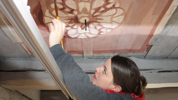 Gar nicht so leicht ist die Arbeit über Kopf: Hanja Prütz ist eine von drei Restauratoren, die zurzeit die Deckenmalereien in der Heilig-Geist-Kirche in Güstrow restaurieren.  Fotos: Sieglinde Seidel 