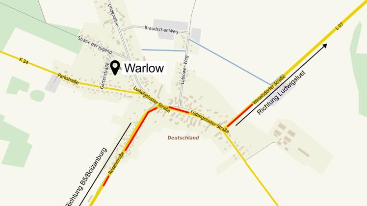 Für den Ausbau der Ortsdurchfahrt in Warlow müssen keine Straßenausbaubeiträge mehr gezahlt werden.   Grafik: Stepmap, 123map, OpenStreetMap, ODbL 1.0 