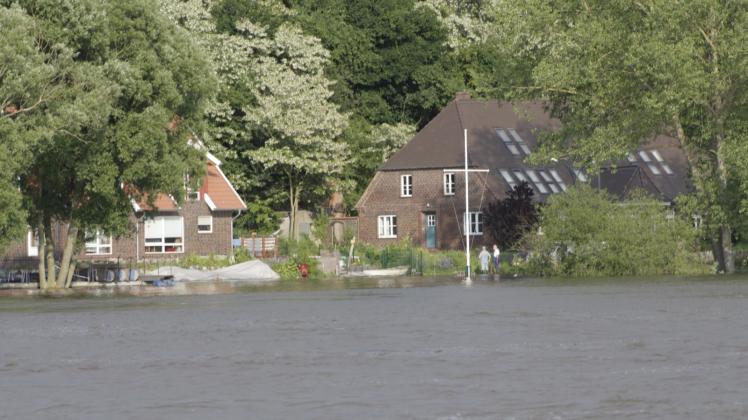 Im Normalfall ist das Wasser in der Straße Am Elbufer gut 30 Meter von den Grundstücken entfernt. Beim 2013er-Hochwasser erreichte es diese.