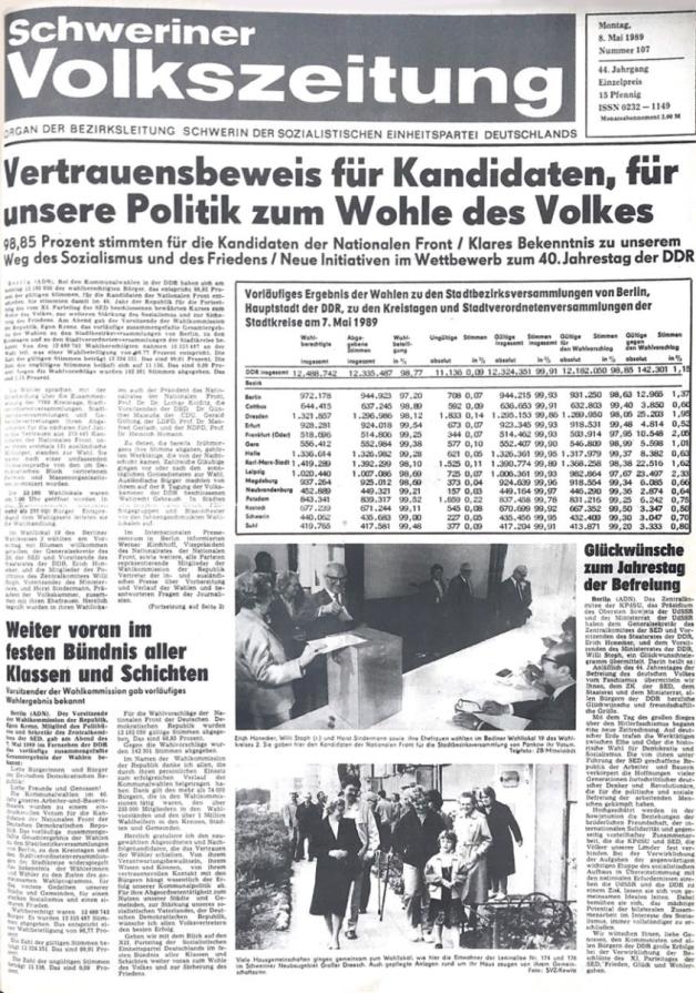 So berichtete die Schweriner  Volkszeitung am 8. Mai 1989 über  die Kommunalwahl.