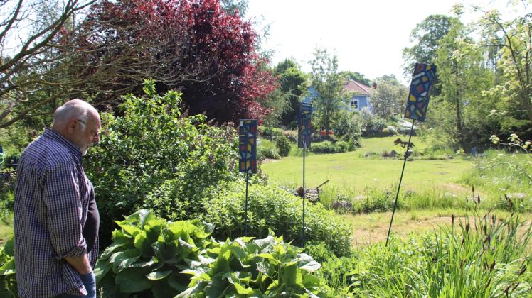 Blick in den Garten bis zum blauen Haus. Zu Detlef Uebersohns Raritäten gehört auch die Rodgersia, das Schmuckschaublatt.