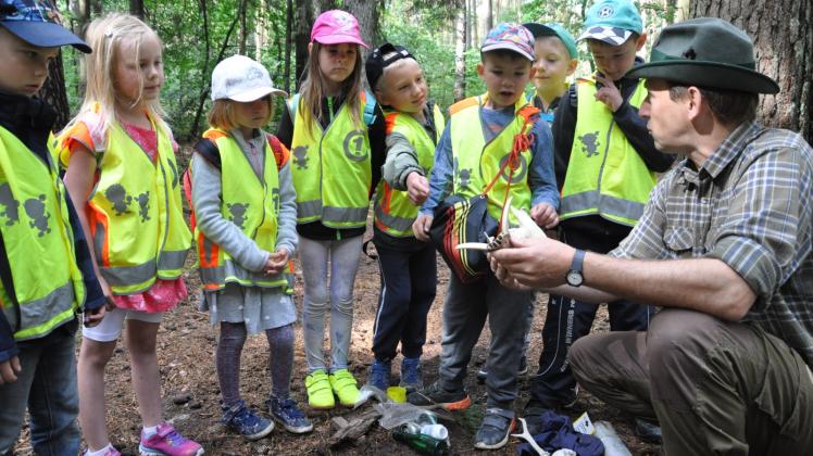 Was gehört in den Wald und was ist Müll? Dabeler Kinder sortierten mit Förster Jörn Schilling die Fundstücke. 