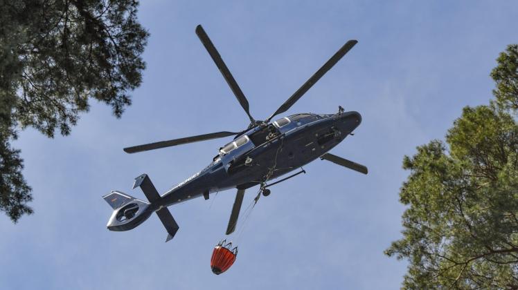 Ein Hubschrauber der Bundespolizei mit einem Transportbehälter voller Löschwasser fliegt über den Wald. 