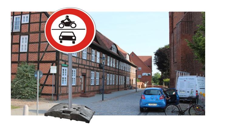 Die Straße „An der Nikolaikirche“ in Bad Wilsnack soll dauerhaft für Autos und Motorräder geschlossen sein.  Collage: Crip / Rant 