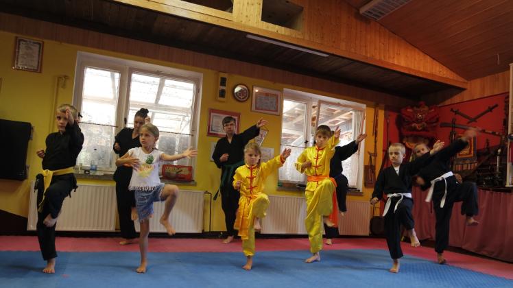 Mit voller Konzentration führen Hanna und Felix Schnell (beide in Gelb) eine Kampfsportübungen aus.