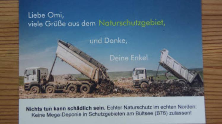 Diese Postkarte verteilt der Verein Naturfreunde Gammelby-Schlei-Ostsee, um seiner Forderung nach einem Raumordnungsverfahren für die Einrichtung einer Deponie Deponieklasse I in Gammelby/Kosel Nachdruck zu verleihen. 