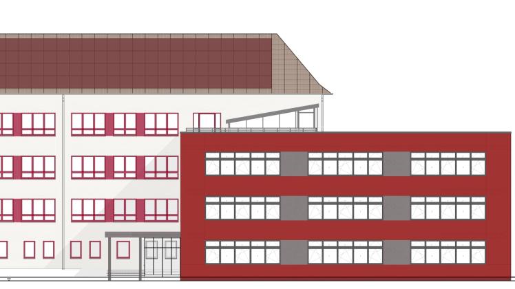 Südansicht der Planung für die Thomas-Müntzer-Schule: Aktuell wird das Gießen der Bodenplatte für den Anbau vorbereitet.  