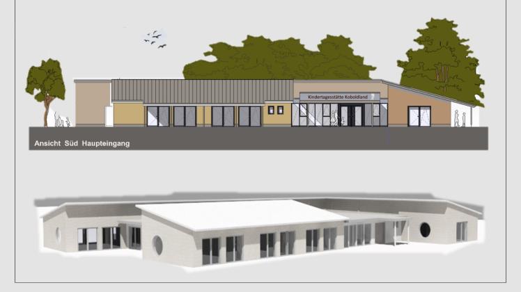 So soll der Neubau der Kita „Koboldland“ nach der Fertigstellung aussehen.  Grafik: Büro Lemke-Uphaus GmbH  