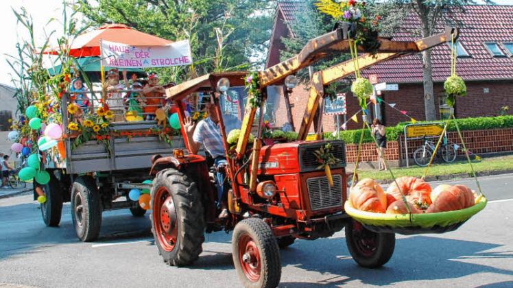 Liebevoll und rundum behängt, zieht der Erntewagen der Kita Dallmin beim Umzug durchs Dorf.  Fotos: Martina kasprzak 
