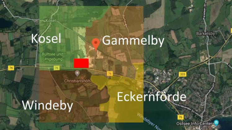So nah wäre die Deponie (rotes Rechteck) an Eckernfördes Stadtgrenze (gelb, oben links der Schnaaper See). Kosel, Windeby und Gammelby grenzen direkt an das Gebiet der heutigen Kiesgrube. 