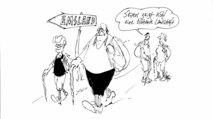 Aufs Korn nahm Fritz Wolf in dieser Karikatur den emsländischen Politiker Rudolf Seiters sowie den damaligen Bundeskanzler Helmut Kohl. 