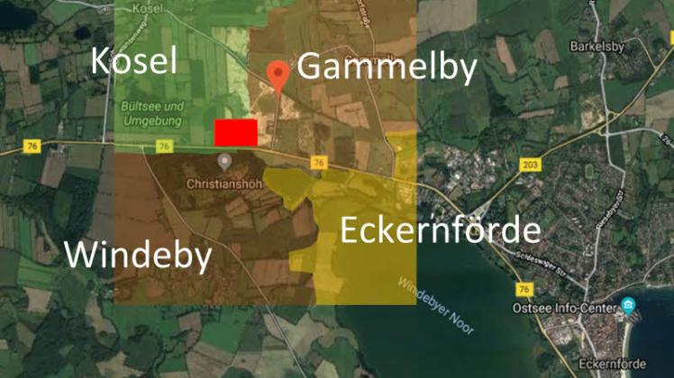 So nah wäre die Deponie (rotes Rechteck) an Eckernfördes Stadtgrenze (gelb, oben links der Schnaaper See). Kosel, Windeby und Gammelby grenzen direkt an das Gebiet der heutigen Kiesgrube. 