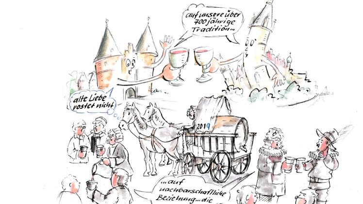 Die Geschichte vom Martensmann verbindet Lübeck und Schwerin. Karikatur: Horst Klinnert 