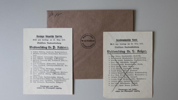 Stimmzettel für die Wahl des Landtags in Mecklenburg-Strelitz im März 1919  Repro: Landeshauptarchiv Schwerin 