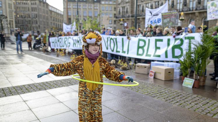 Hamburg: Ein Kind tanzt mit einem Reifen vor Teilnehmern der Nabu-Aktion zum Erhalt des Vollhöfner Waldes, die vor dem Rathaus ein Banner mit der Aufschrift "Hamburg wählt - Völli bleibt" in die Höhe halten.