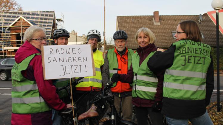 Mitglieder der Tornescher Grünen protestierten vor Kurzem gegen den Zustands des maroden Radwegs zwischen Tornesch und Prisdorf.