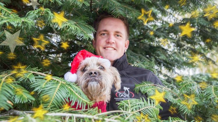 Sind schon in Weihnachtsstimmung: Hundetrainer Lars Spiering veranstaltet am Sonntag den zweiten Hunde-Weihnachtsmarkt in Losten bei Bad Kleinen. Dabei zeigt Spiering auch, was Hunde Weihnachten gar nicht mögen. 