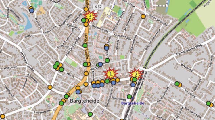 Die Karte zeigt die Unfallschwerpunkte in Bargteheide. In der Rathausstraße passiert am meisten. 