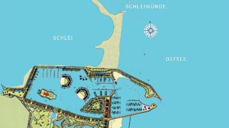 Port Olpenitz,  Planungsstand Juli. Die drei Inseln sehen jetzt anders aus. Links: die charakteristische Themeninsel. Grafik: Port Olpenitz GmbH