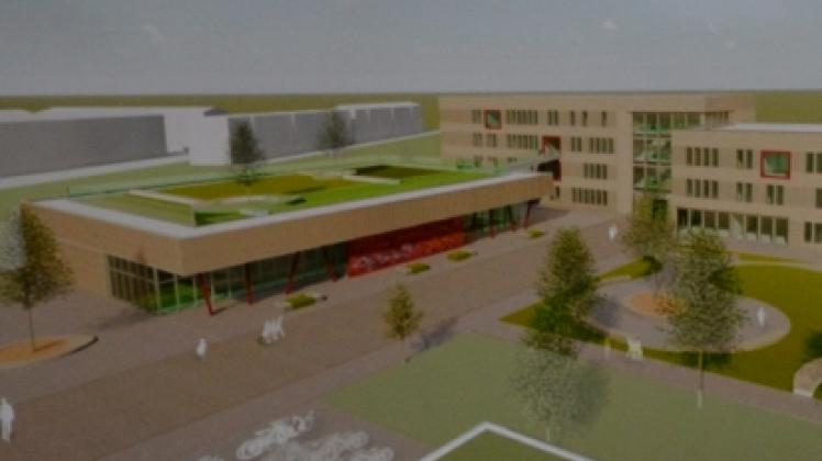 Dieses Projekt hat den Architektenwettbewerb gewonnen: So soll der Campus auf dem Kietz mit Grund- und Realschule sowie Turnhalle aussehen. 
